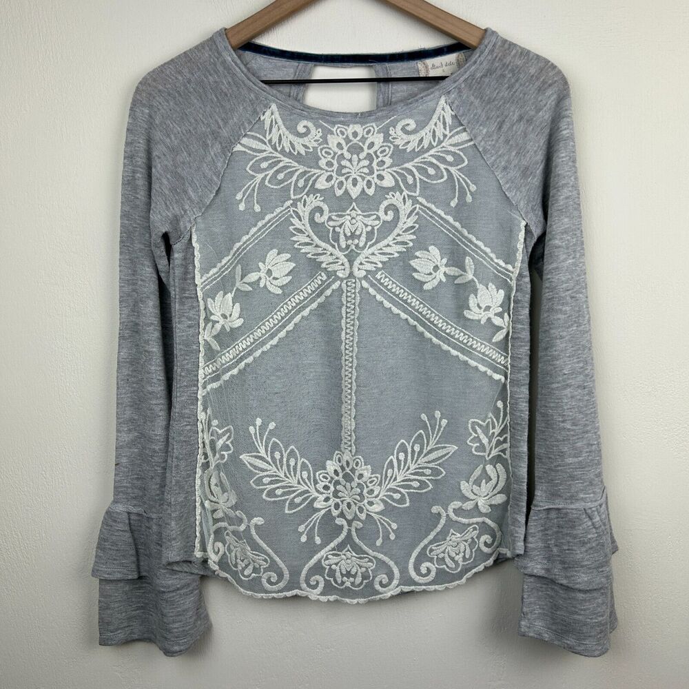 Altar'd State Top Womens Small Gray Ivory Mesh Embroidery Ruffle Boho Ladies